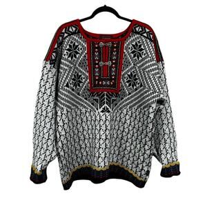 Vintage Telemark Style Black White Red Fair Isle Norwegian Wool Sweater Large